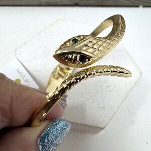 Gold Snake Design Hinged Bangle Bracelet With Green Stone Eyes Goldtone